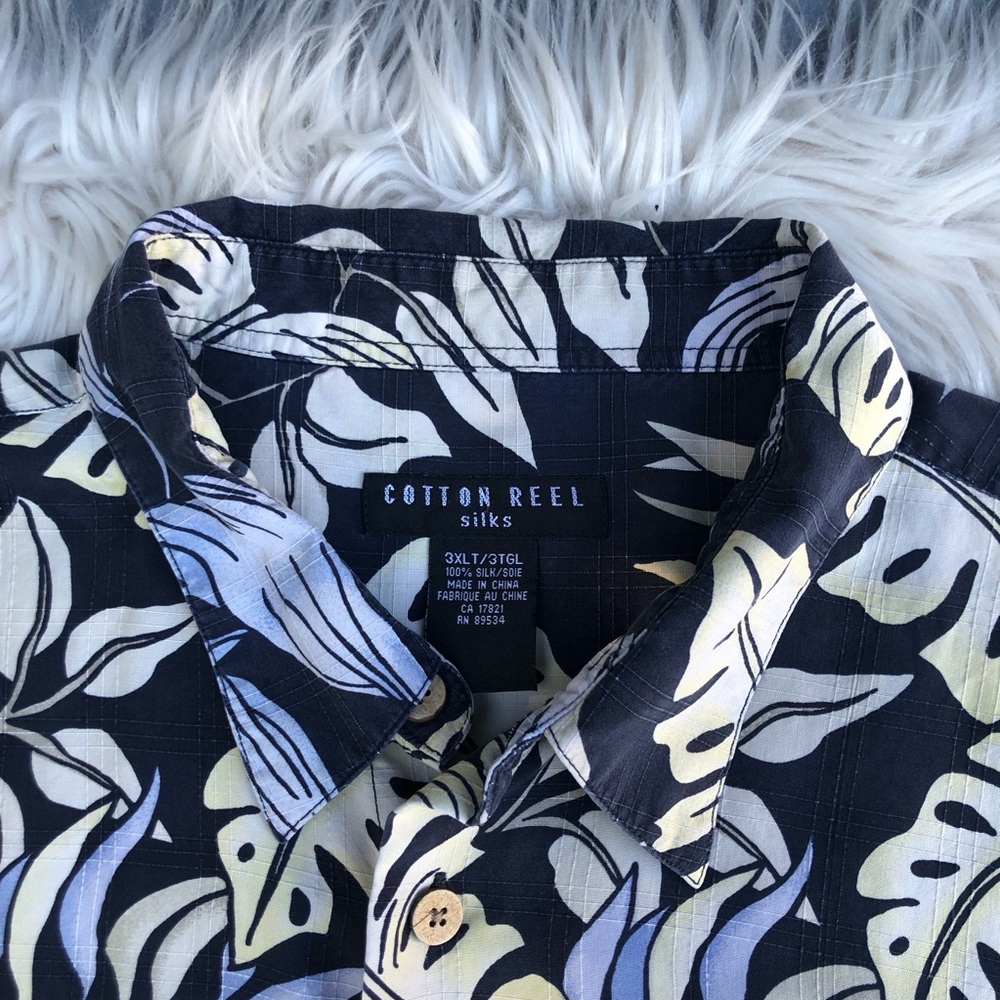 Cotton Reel 100% Silk Tropical Rain Forest Plant Button Down Navy Men Shirt 3XL - Picture 4 of 10